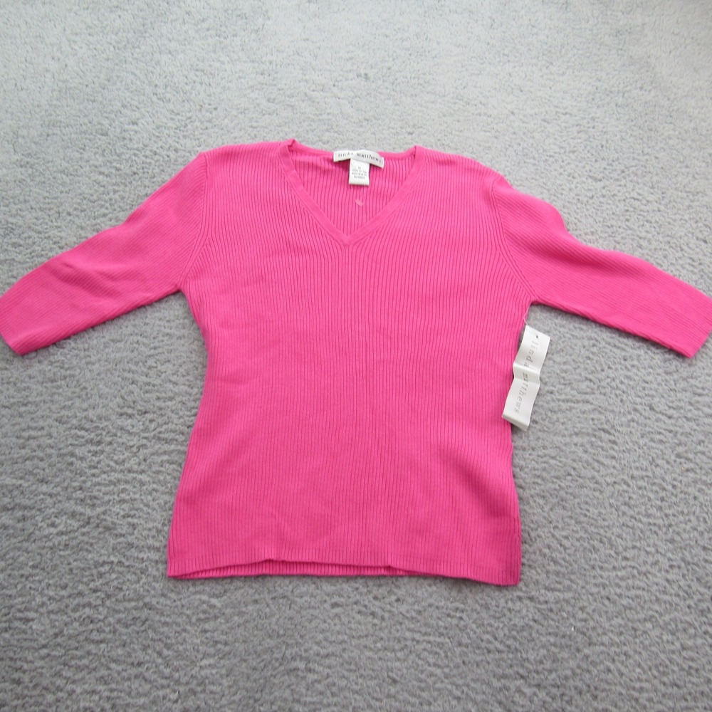 Linda Matthews‎ Pink Cotton Ribbed Knit V-Neck 3/4 Sleeve Sweater Medium
